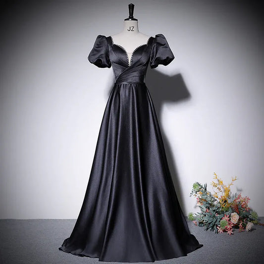 Luxurious Satin Long Evening Dress Black V Neck Puff Sleeve for Women