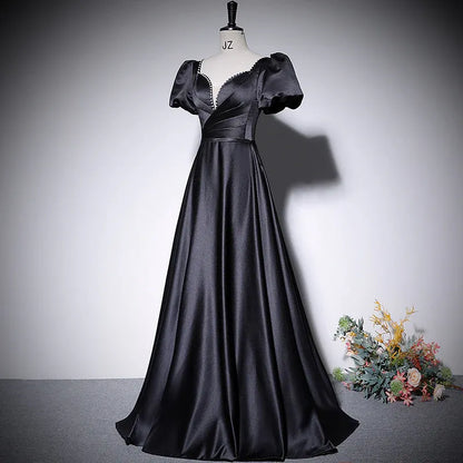 Luxurious Satin Long Evening Dress Black V Neck Puff Sleeve for Women