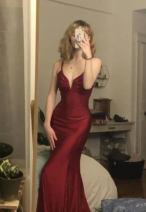 Luxurious Satin Long Evening Dress Burgundy Deep V-Neck Spaghetti Strap for Women