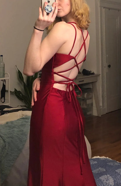 Luxurious Satin Long Evening Dress Burgundy Deep V-Neck Spaghetti Strap for Women