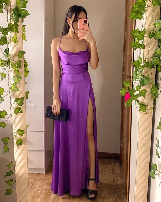 Luxurious Satin Maxi Evening Dress Purple Cowl Neck Sleeveless for Women