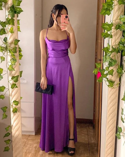 Luxurious Satin Maxi Evening Dress Purple Cowl Neck Sleeveless for Women