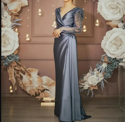 Luxurious Sheath V-neck Long-sleeve Beaded Dusty Blue Floor-length Prom Dress for Women Custom