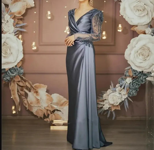 Luxurious Sheath V-neck Long-sleeve Beaded Dusty Blue Floor-length Prom Dress for Women Custom