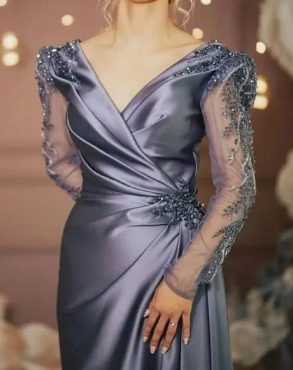 Luxurious Sheath V-neck Long-sleeve Beaded Dusty Blue Floor-length Prom Dress for Women Custom