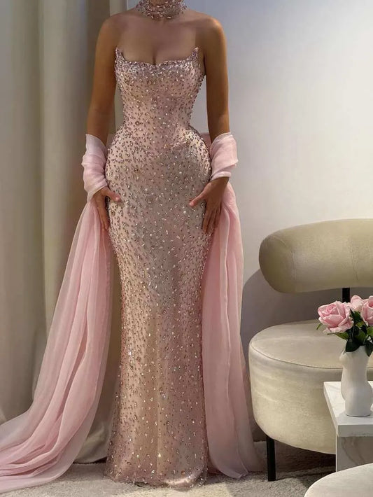 Luxurious Strapless Sleeveless Mermaid Tulle Crystal Floor Length Prom Dress