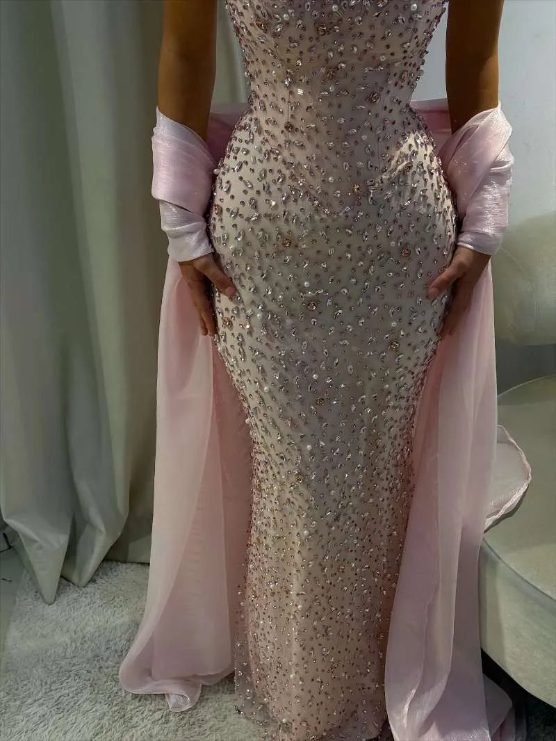 Luxurious Strapless Sleeveless Mermaid Tulle Crystal Floor Length Prom Dress