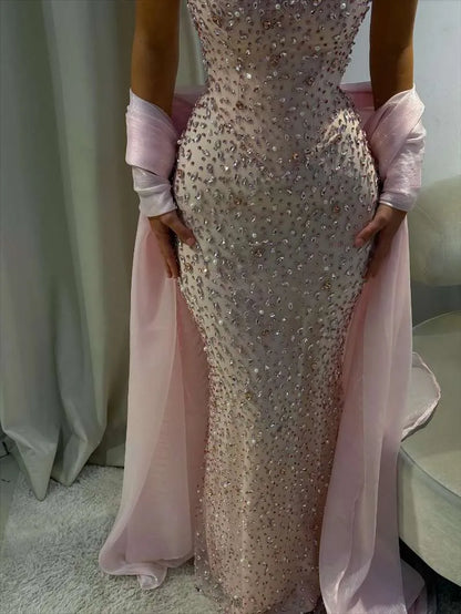 Luxurious Strapless Sleeveless Mermaid Tulle Crystal Floor Length Prom Dress