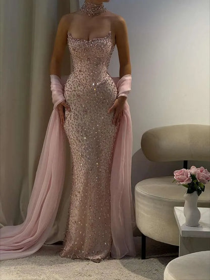 Luxurious Strapless Sleeveless Mermaid Tulle Crystal Floor Length Prom Dress