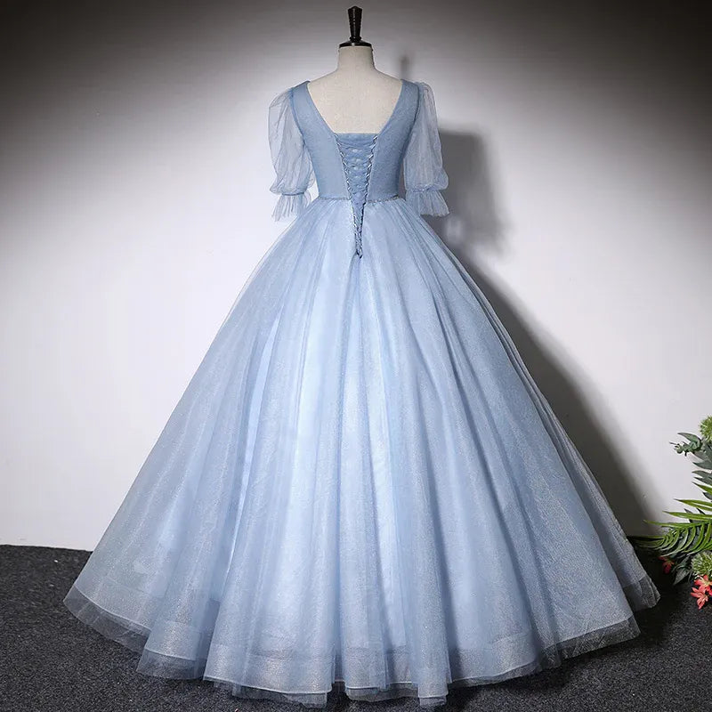 Luxurious Tulle Long Evening Dress Light Blue V-Neck Puff Sleeve for Women