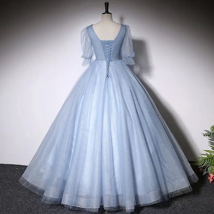 Luxurious Tulle Long Evening Dress Light Blue V-Neck Puff Sleeve for Women