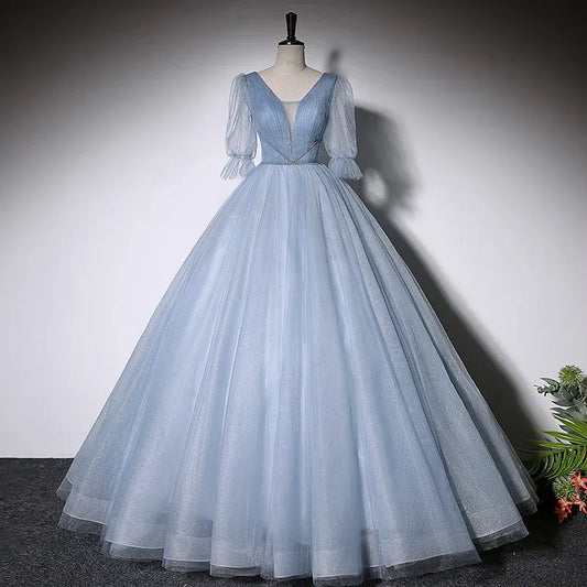Luxurious Tulle Long Evening Dress Light Blue V-Neck Puff Sleeve for Women