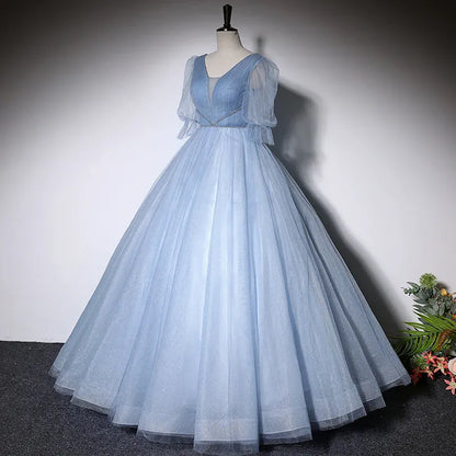 Luxurious Tulle Long Evening Dress Light Blue V-Neck Puff Sleeve for Women