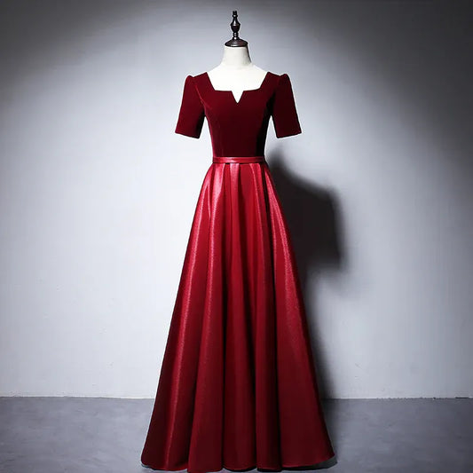 Luxurious Velvet-Satin Long Evening Dress Burgundy Square Neck Short Sleeve for Women