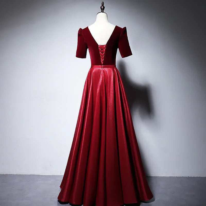 Luxurious Velvet-Satin Long Evening Dress Burgundy Square Neck Short Sleeve for Women