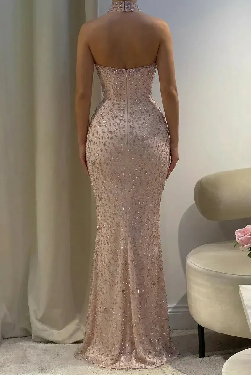 Luxurious Strapless Sleeveless Mermaid Tulle Crystal Floor Length Prom Dress