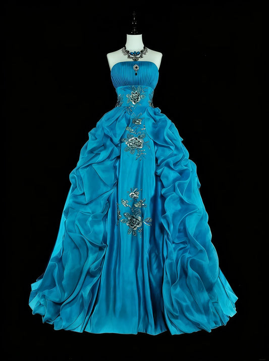 Luxury Ball Gown Strapless Sleeveless Zipper Back Floor-Length Embroidered Turquoise Formal Dress