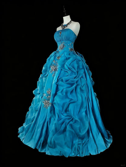 Luxury Ball Gown Strapless Sleeveless Zipper Back Floor-Length Embroidered Turquoise Formal Dress