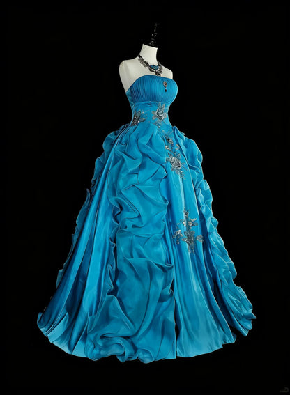 Luxury Ball Gown Strapless Sleeveless Zipper Back Floor-Length Embroidered Turquoise Formal Dress