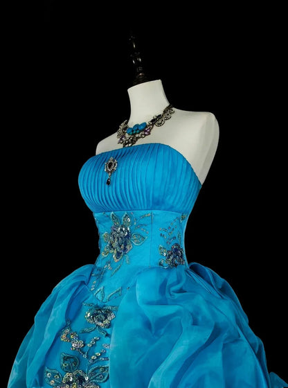 Luxury Ball Gown Strapless Sleeveless Zipper Back Floor-Length Embroidered Turquoise Formal Dress