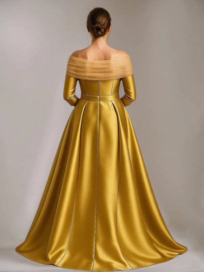 Luxury A-Line Off the Shoulder 34 Sleeve Back Zip Floor-Length Mother of the Bride Dress for women