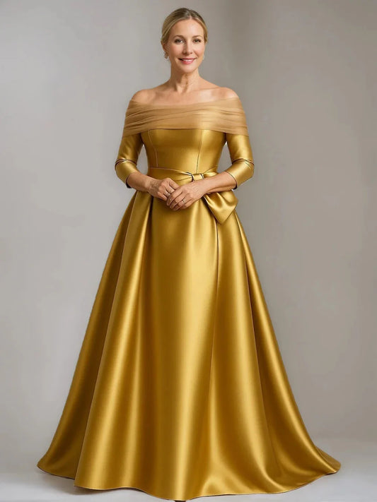 Luxury A-Line Off the Shoulder 34 Sleeve Back Zip Floor-Length Mother of the Bride Dress for women