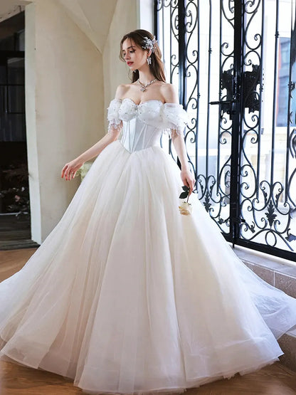 Luxury A-Line Off the Shoulder Sleeveless Crisscross Back Chapel Train prom dress for women