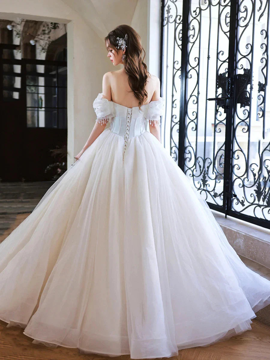 Luxury A-Line Off the Shoulder Sleeveless Crisscross Back Chapel Train prom dress for women