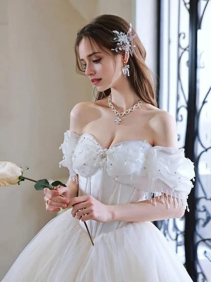 Luxury A-Line Off the Shoulder Sleeveless Crisscross Back Chapel Train prom dress for women