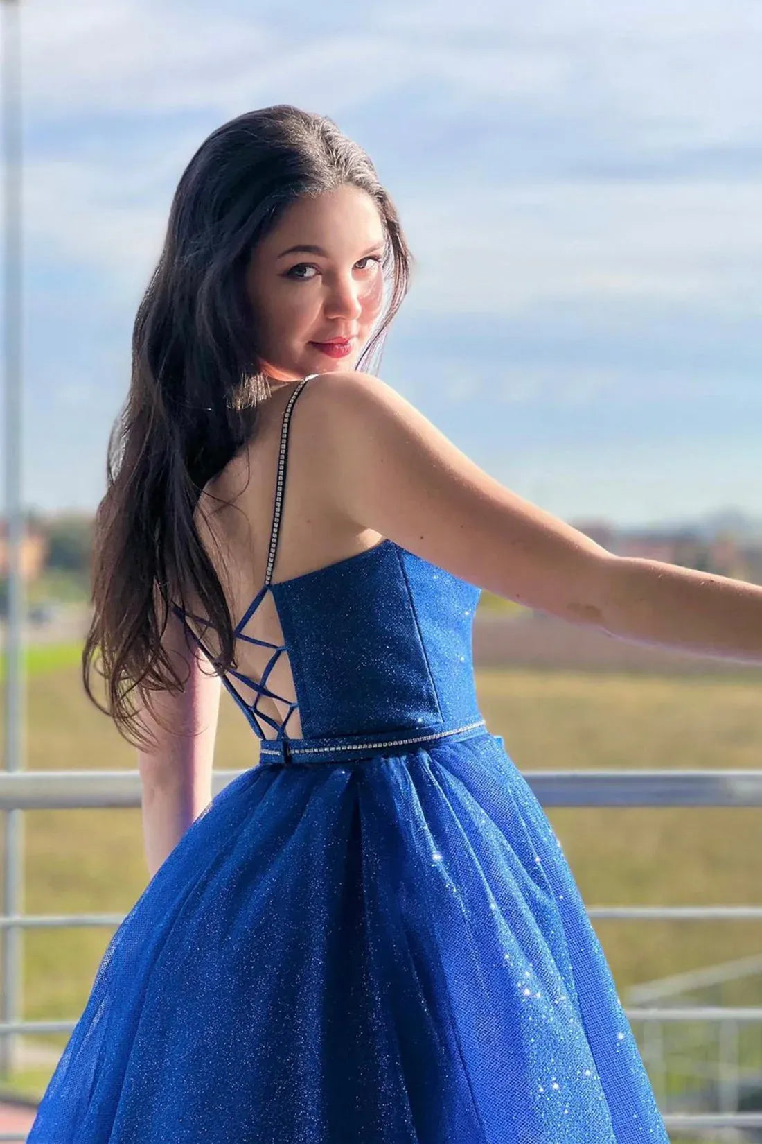 Luxury A-Line Spaghetti Straps Sleeveless Lace Up Floor-Length Prom Dress