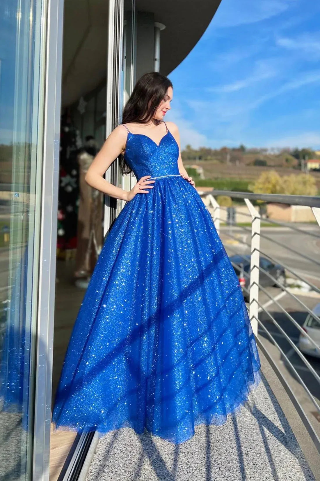 Luxury A-Line Spaghetti Straps Sleeveless Lace Up Floor-Length Prom Dress