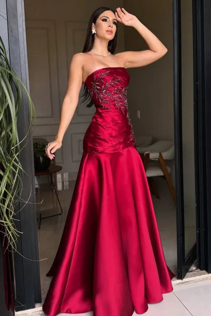 Luxury A-Line Strapless Sleeveless Lace Up Floor-Length Prom Dress