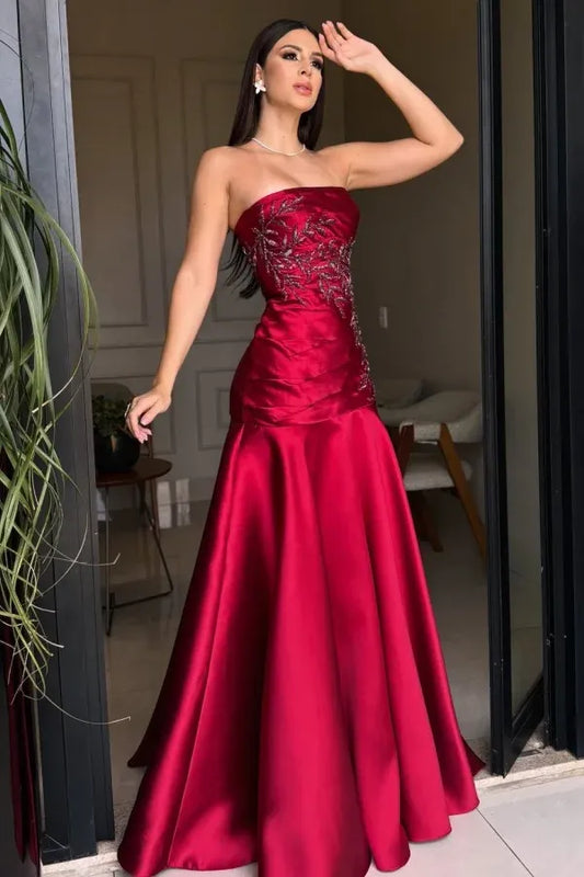 Luxury A-Line Strapless Sleeveless Lace Up Floor-Length Prom Dress
