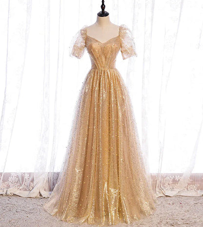 Luxury A-Line V Neck Puff Sleeve Sequins Floor-Length Prom Dress