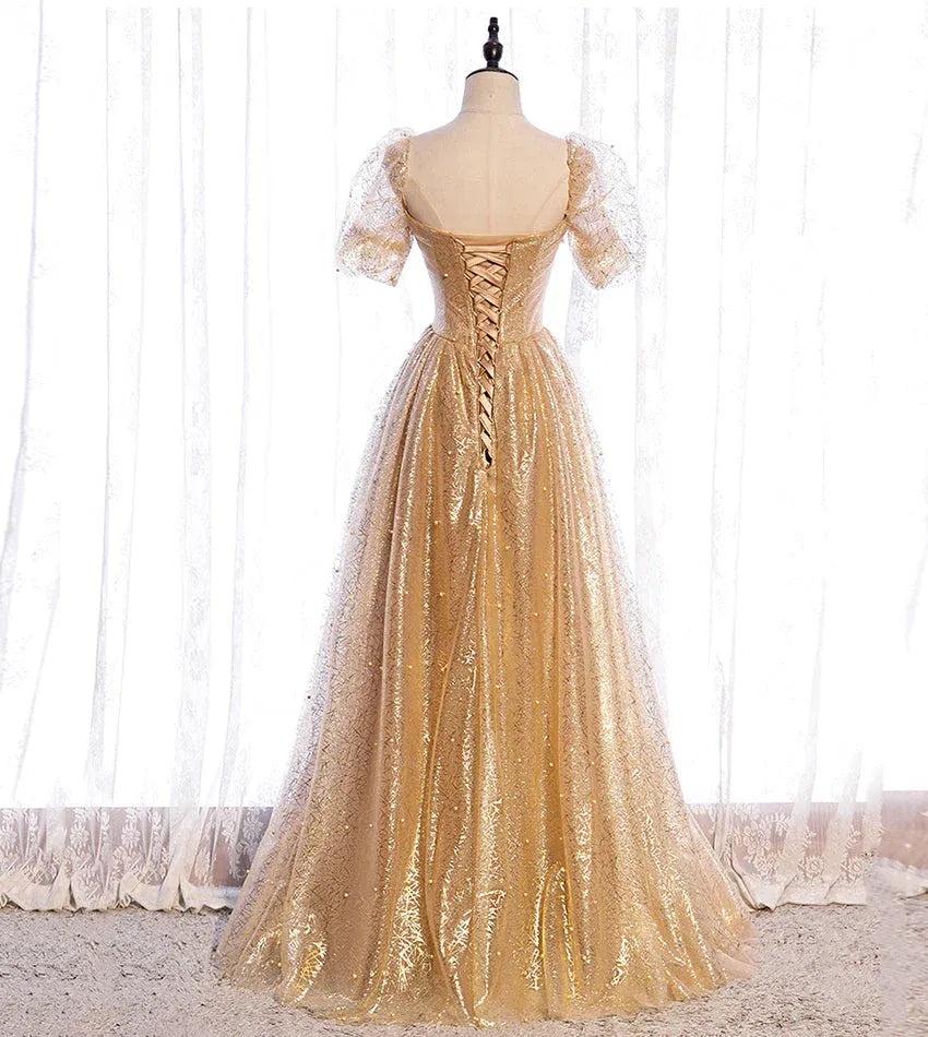 Luxury A-Line V Neck Puff Sleeve Sequins Floor-Length Prom Dress