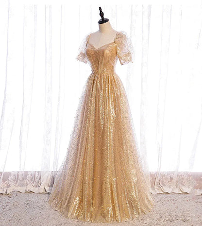 Luxury A-Line V Neck Puff Sleeve Sequins Floor-Length Prom Dress