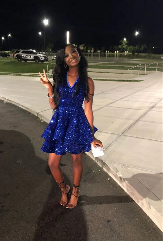 Luxury A-Line V Neck Sleeveless Lace Up Short-Mini Prom Dress