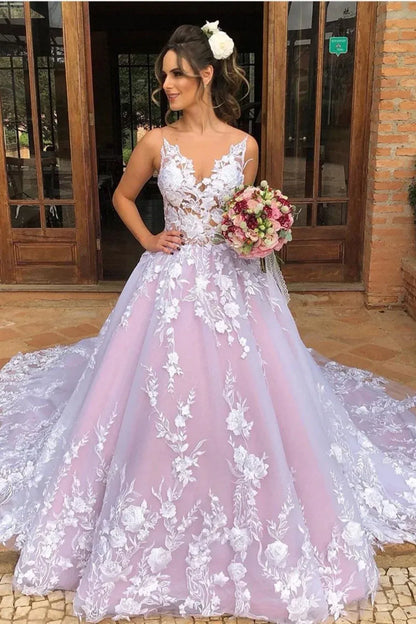 Luxury A Line V Neck Sleeveless Tulle Appliques Chapel Train Wedding Dress