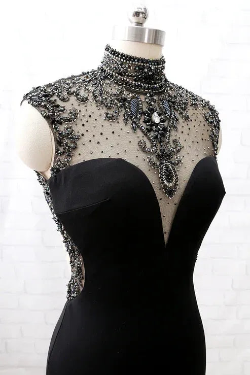 Luxury Mermaid High Neck Sleeveless Backless Sweep/Brush Train Prom Dress