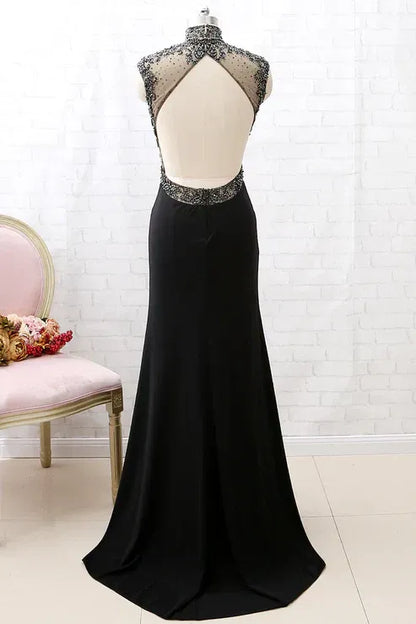 Luxury Mermaid High Neck Sleeveless Backless Sweep/Brush Train Prom Dress