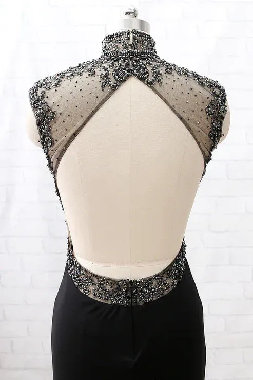 Luxury Mermaid High Neck Sleeveless Backless Sweep/Brush Train Prom Dress