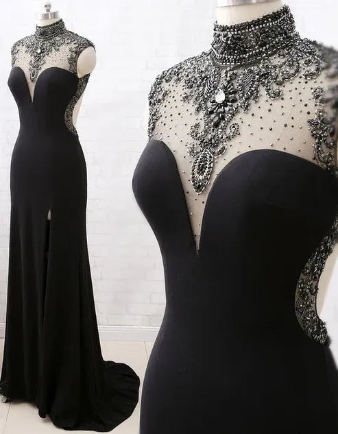 Luxury Mermaid High Neck Sleeveless Backless Sweep/Brush Train Prom Dress