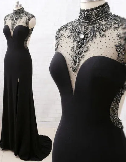Luxury Mermaid High Neck Sleeveless Backless Sweep/Brush Train Prom Dress