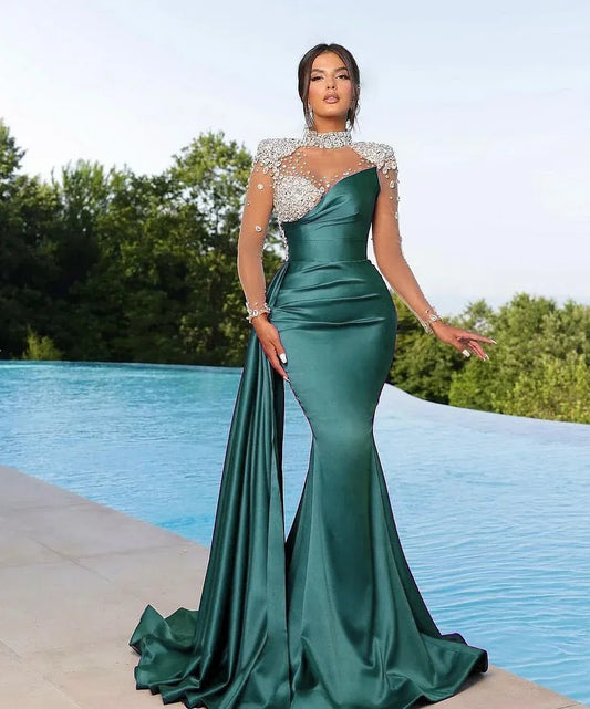Luxury Mermaid/Trumpet High Neck Long Sleeve Lace Up Sweep/Brush Train Prom Dress