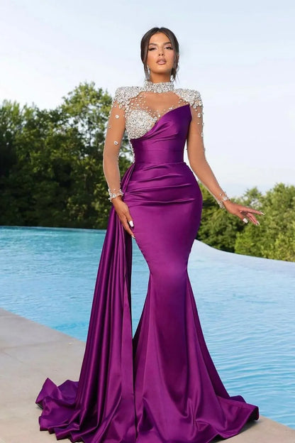 Luxury Mermaid/Trumpet High Neck Long Sleeve Lace Up Sweep/Brush Train Prom Dress