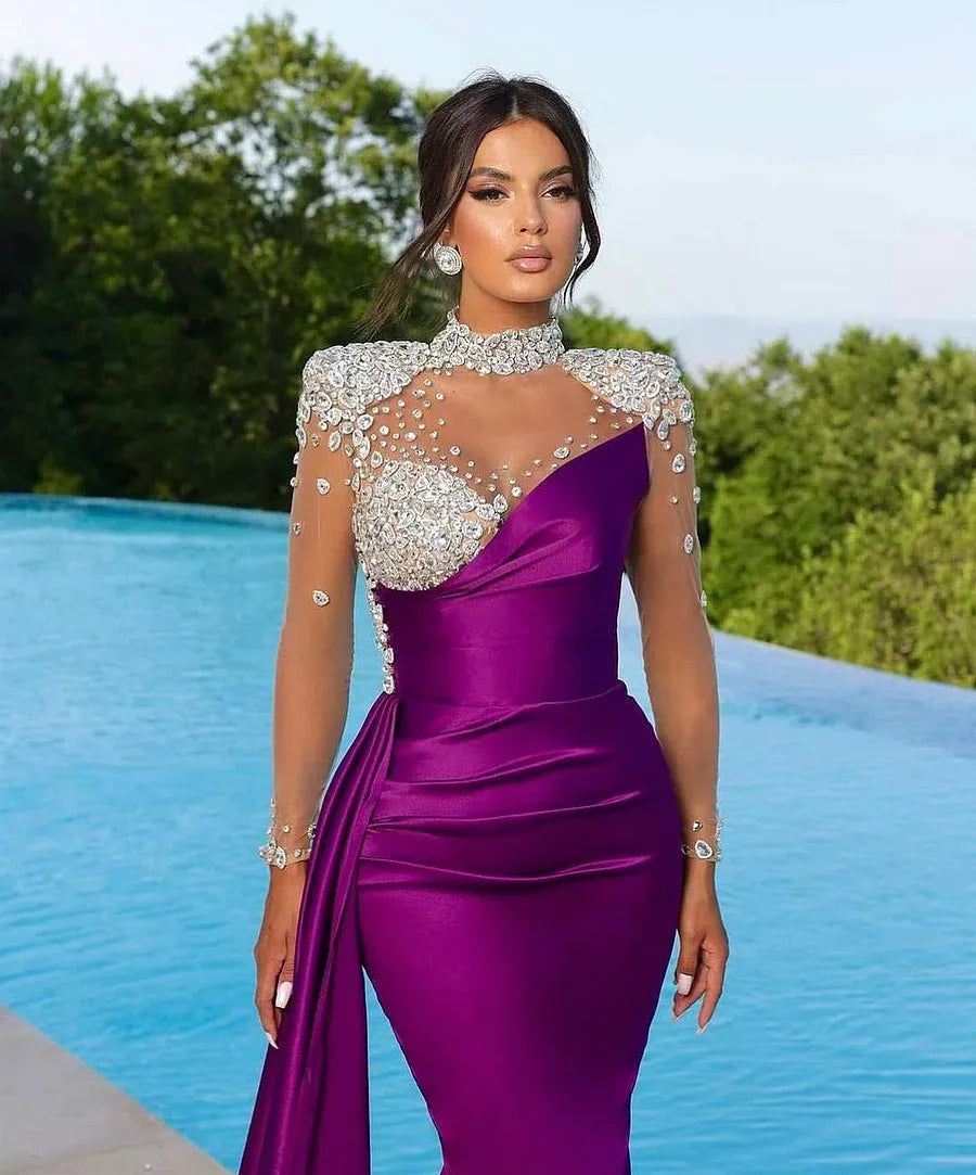 Luxury Mermaid/Trumpet High Neck Long Sleeve Lace Up Sweep/Brush Train Prom Dress