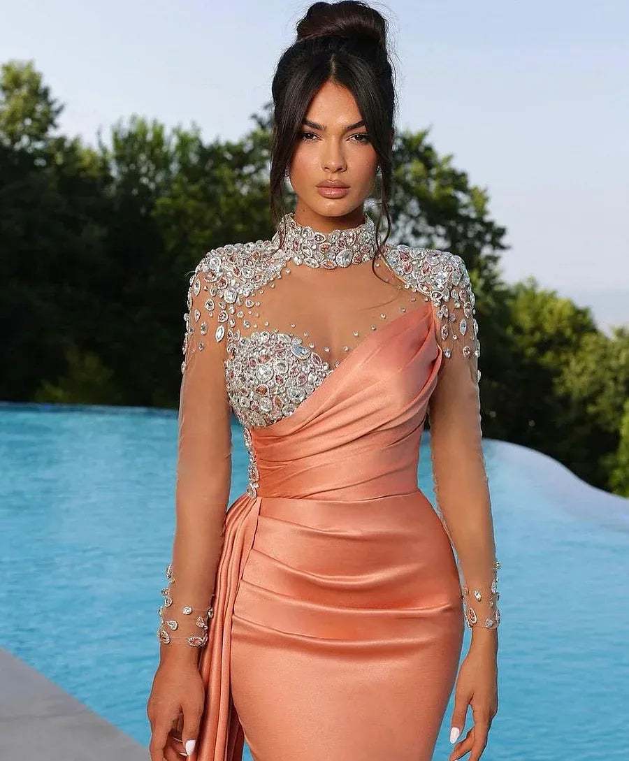 Luxury Mermaid/Trumpet High Neck Long Sleeve Lace Up Sweep/Brush Train Prom Dress
