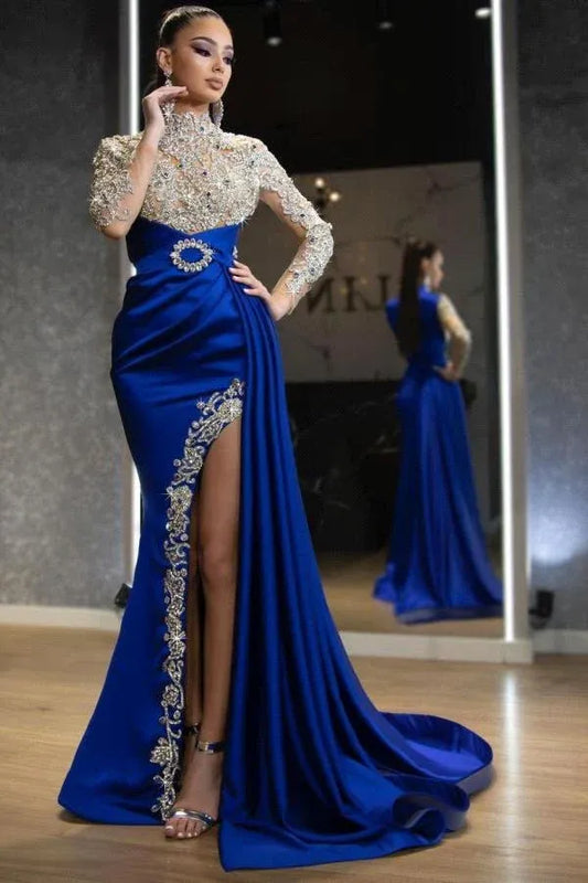 Luxury Mermaid/Trumpet High Neck Long Sleeves Satin Sweep/Brush Train Prom Dress