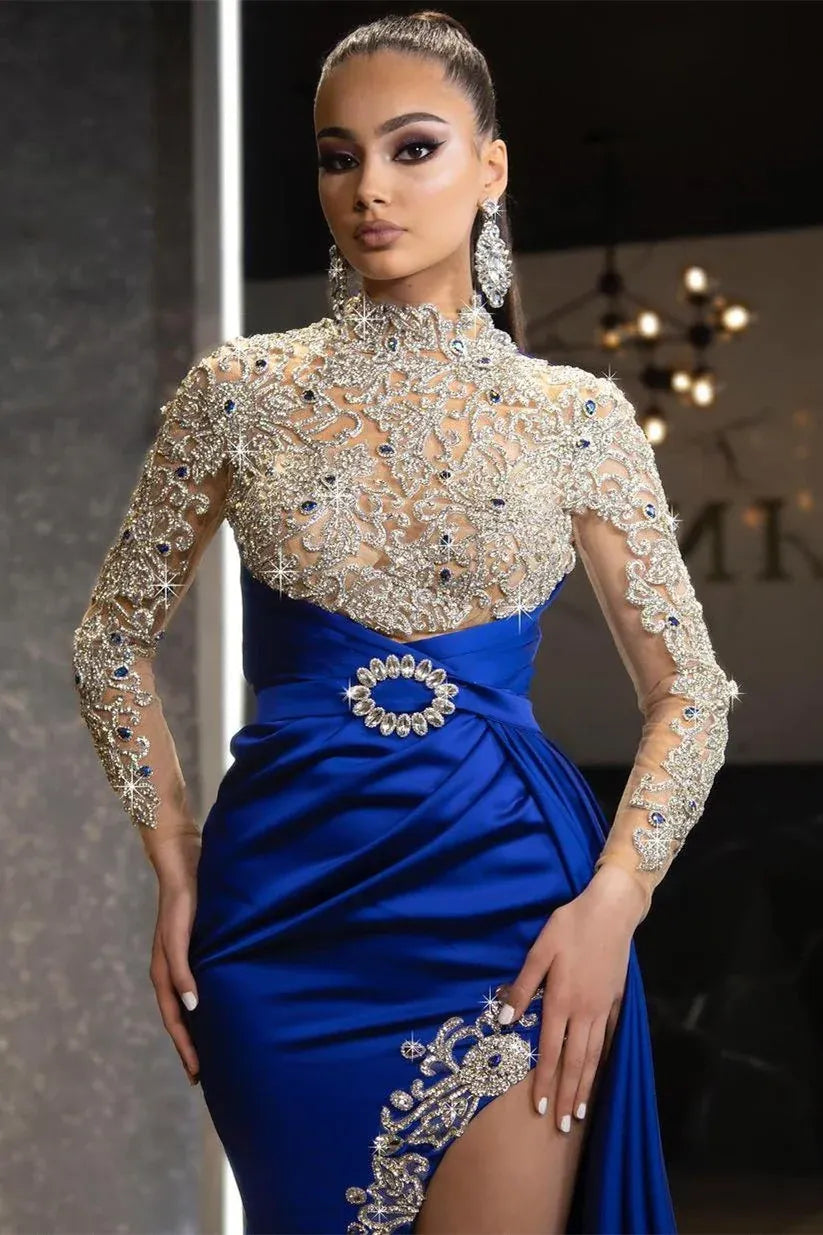 Luxury Mermaid/Trumpet High Neck Long Sleeves Satin Sweep/Brush Train Prom Dress