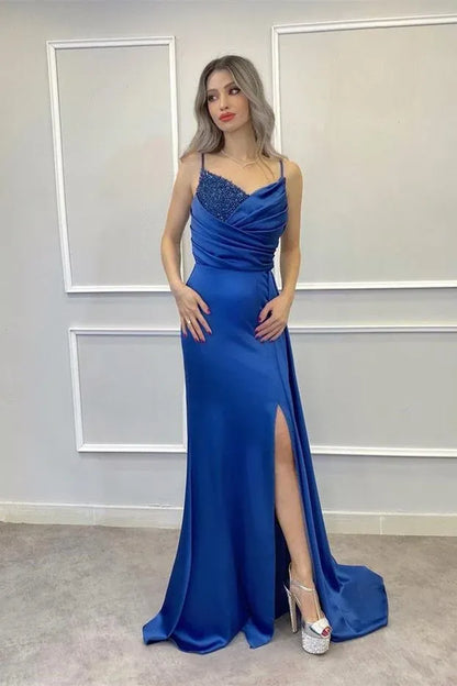 Luxury Mermaid/Trumpet Spaghetti-Straps Sleeveless Satin Sweep/Brush Train Prom Dress